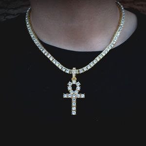 Ankh Cross Pendant Diamond Tennis Chain Necklace